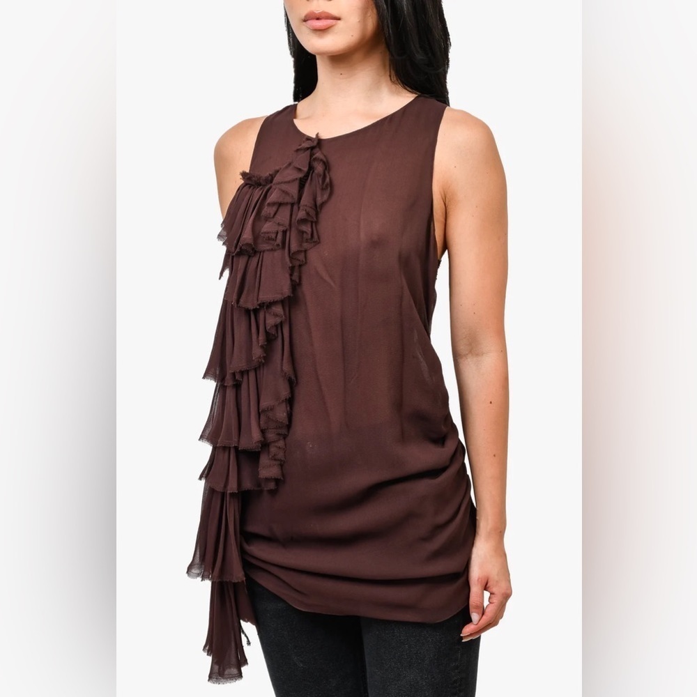 Thomas Wylde Brown Sheer Silk Studded/Ruffle Front Sleeveless Top